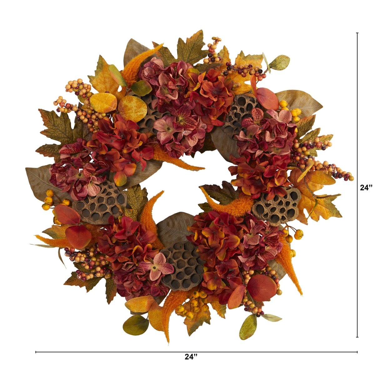 Nearly Natural 24” Fall Hydrangea, Lotus And Berries Artificial Wreath - lily & onyx