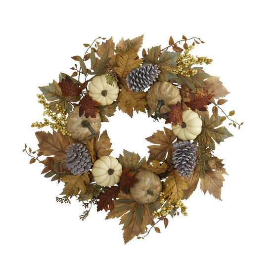 Nearly Natural 24” Fall Pumpkins, Pine Cones And Berries Artificial Wreath - lily & onyx