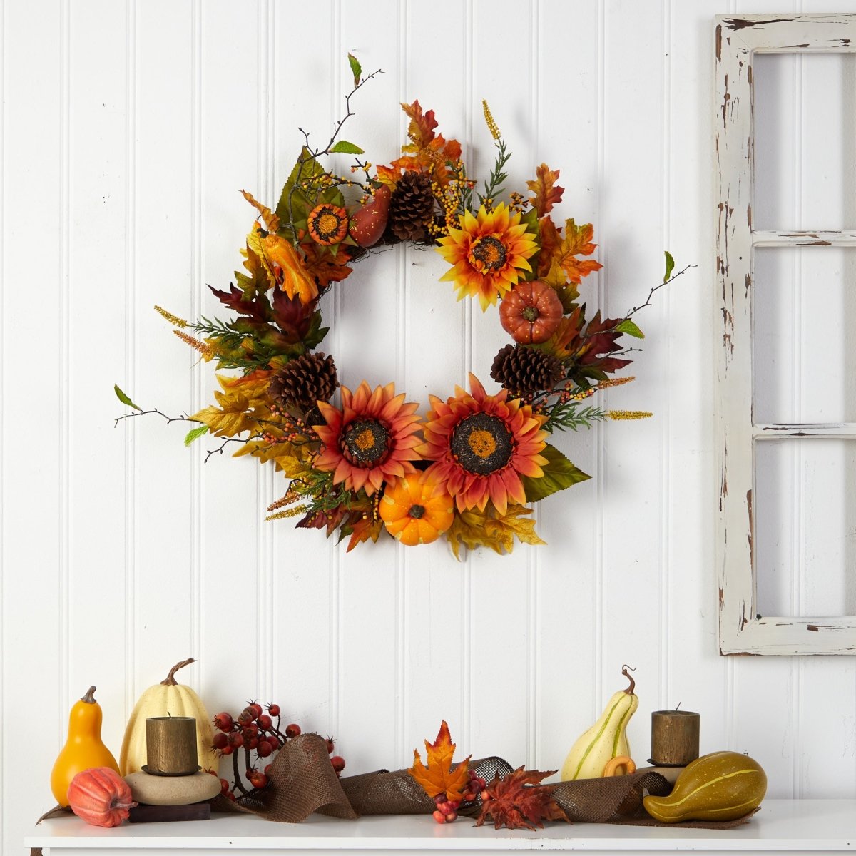Nearly Natural 24” Fall Sunflower, Pumpkin, Gourds, Pinecone And Berries Autumn Artificial Wreath - lily & onyx