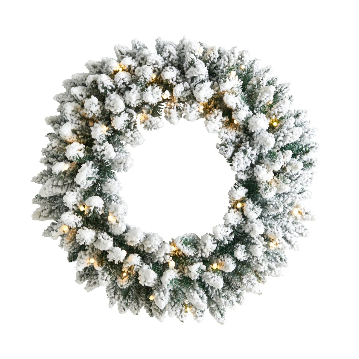 Load image into Gallery viewer, Nearly Natural 24” Flocked Artificial Christmas Wreath With 160 Bendable Branches And 35 Warm White Led Lights - lily &amp;amp; onyx
