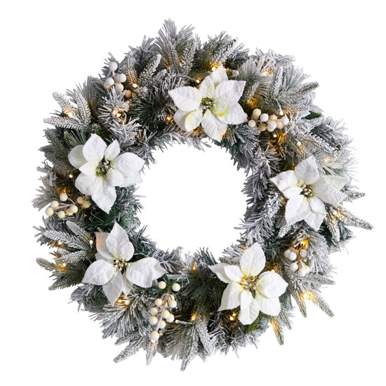 Nearly Natural 24” Flocked Poinsettia And Pine Artificial Christmas Wreath With 50 Warm White Led Lights - lily & onyx