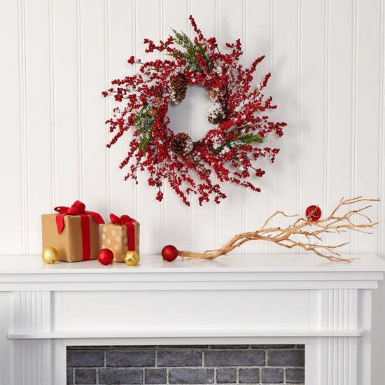 Load image into Gallery viewer, Nearly Natural 24” Frosted Cypress Artificial Wreath With Berries And Pine Cones - lily &amp;amp; onyx
