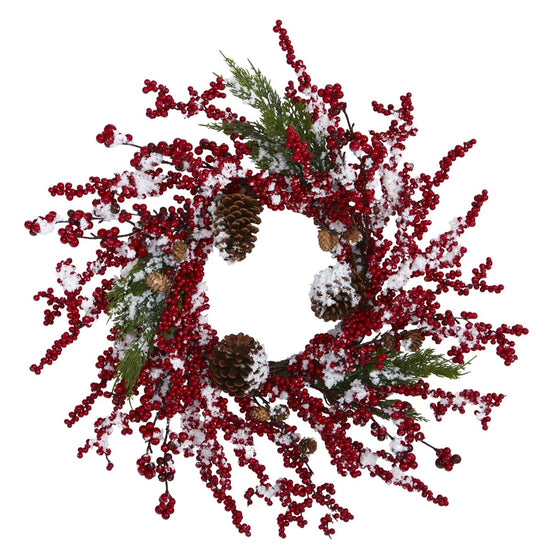 Nearly Natural 24” Frosted Cypress Artificial Wreath With Berries And Pine Cones - lily & onyx
