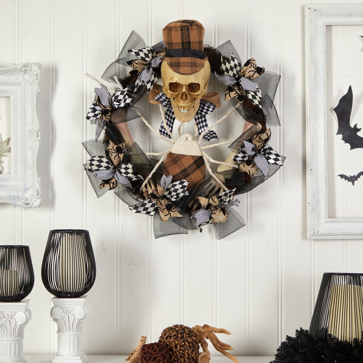 Nearly Natural 24” Halloween Skull In Plaid Mesh Wreath - lily & onyx