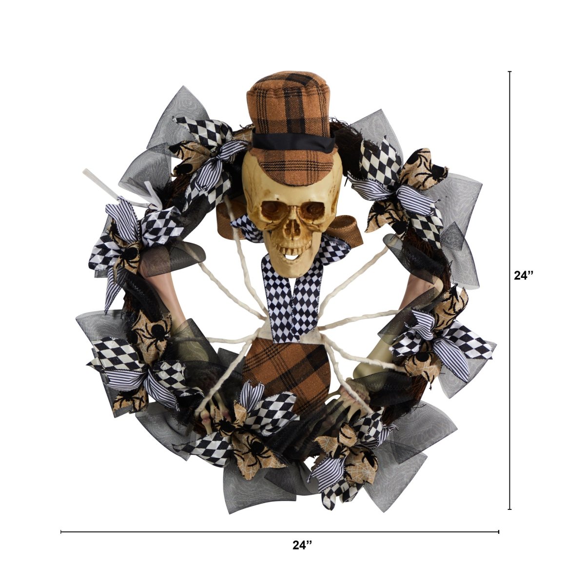 Load image into Gallery viewer, Nearly Natural 24” Halloween Skull In Plaid Mesh Wreath - lily &amp;amp; onyx
