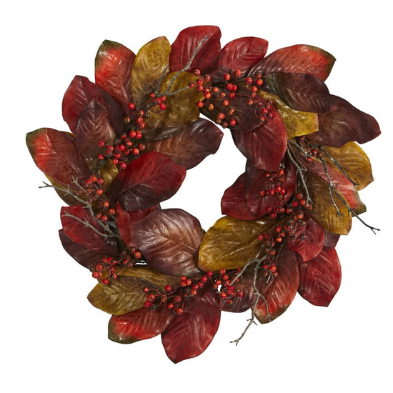 Nearly Natural 24” Harvest Magnolia Leaf And Berries Artificial Wreath - lily & onyx