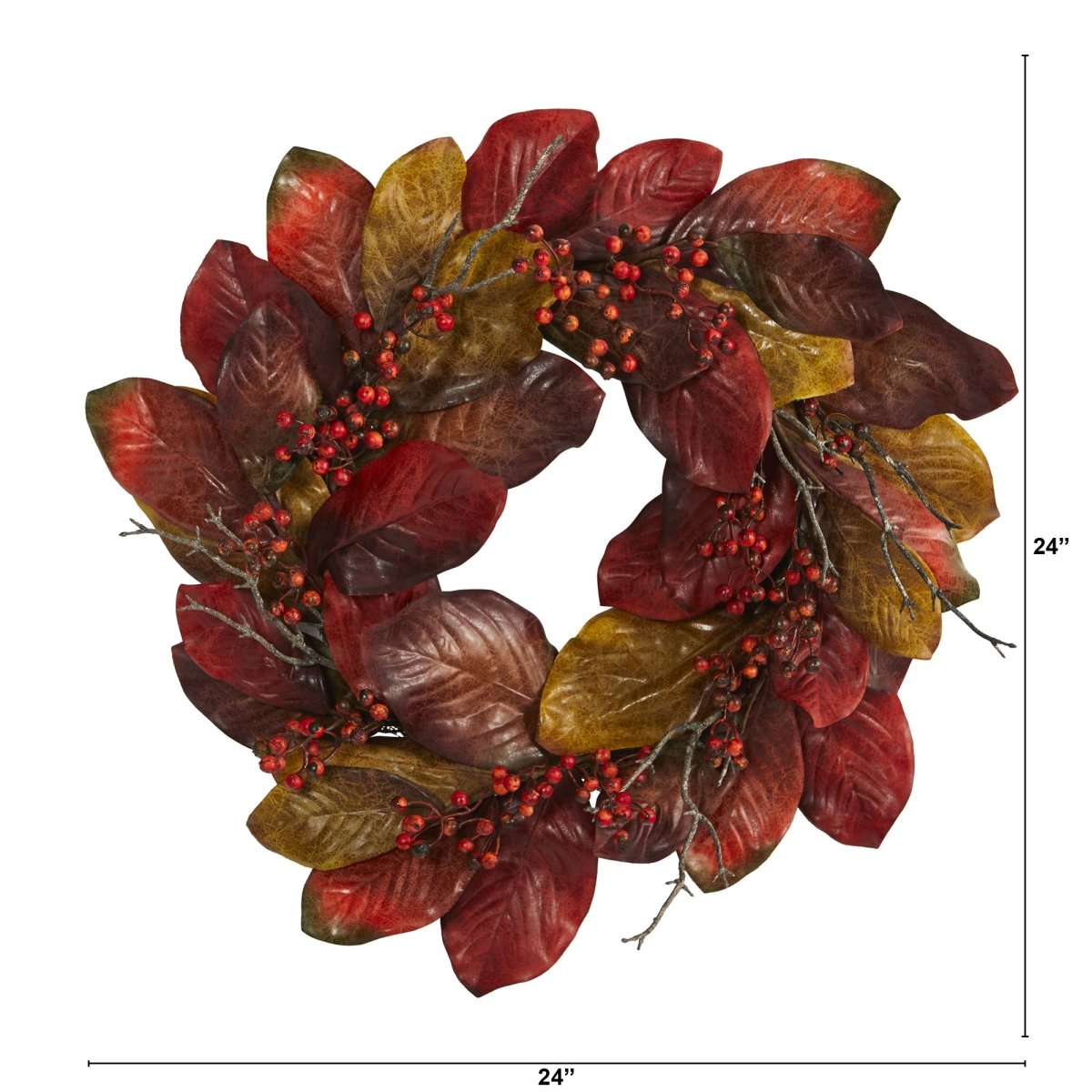 Nearly Natural 24” Harvest Magnolia Leaf And Berries Artificial Wreath - lily & onyx