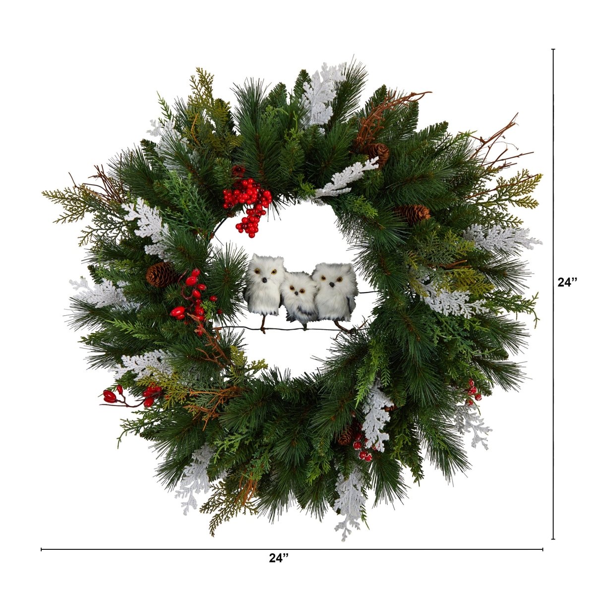Nearly Natural 24” Holiday Winter Owl Family Pinecone Berry Christmas Artificial Wreath - lily & onyx