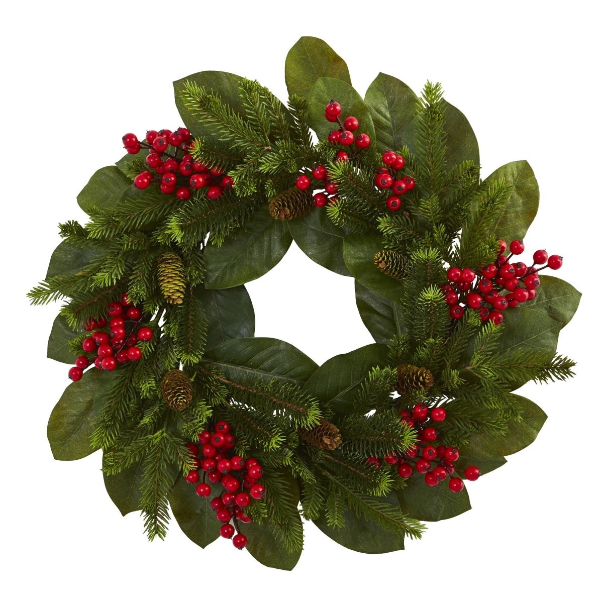 Nearly Natural 24” Magnolia Leaf, Berry And Pine Artificial Wreath - lily & onyx