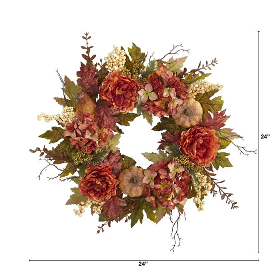 Nearly Natural 24” Peony, Hydrangea And Pumpkin Fall Artificial Wreath - lily & onyx