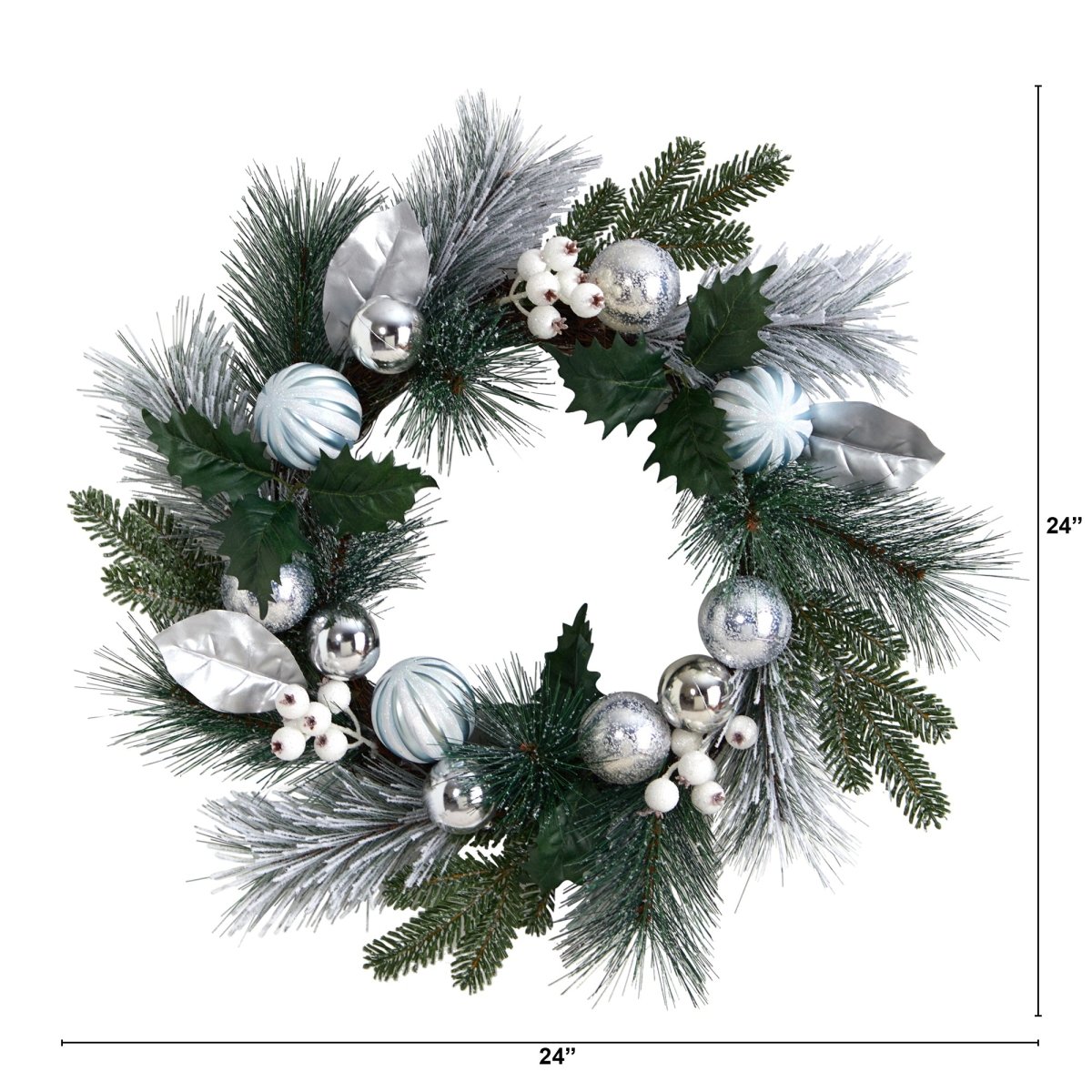 Nearly Natural 24” Pinecones And Berries Christmas Artificial Wreath With Silver Ornaments - lily & onyx