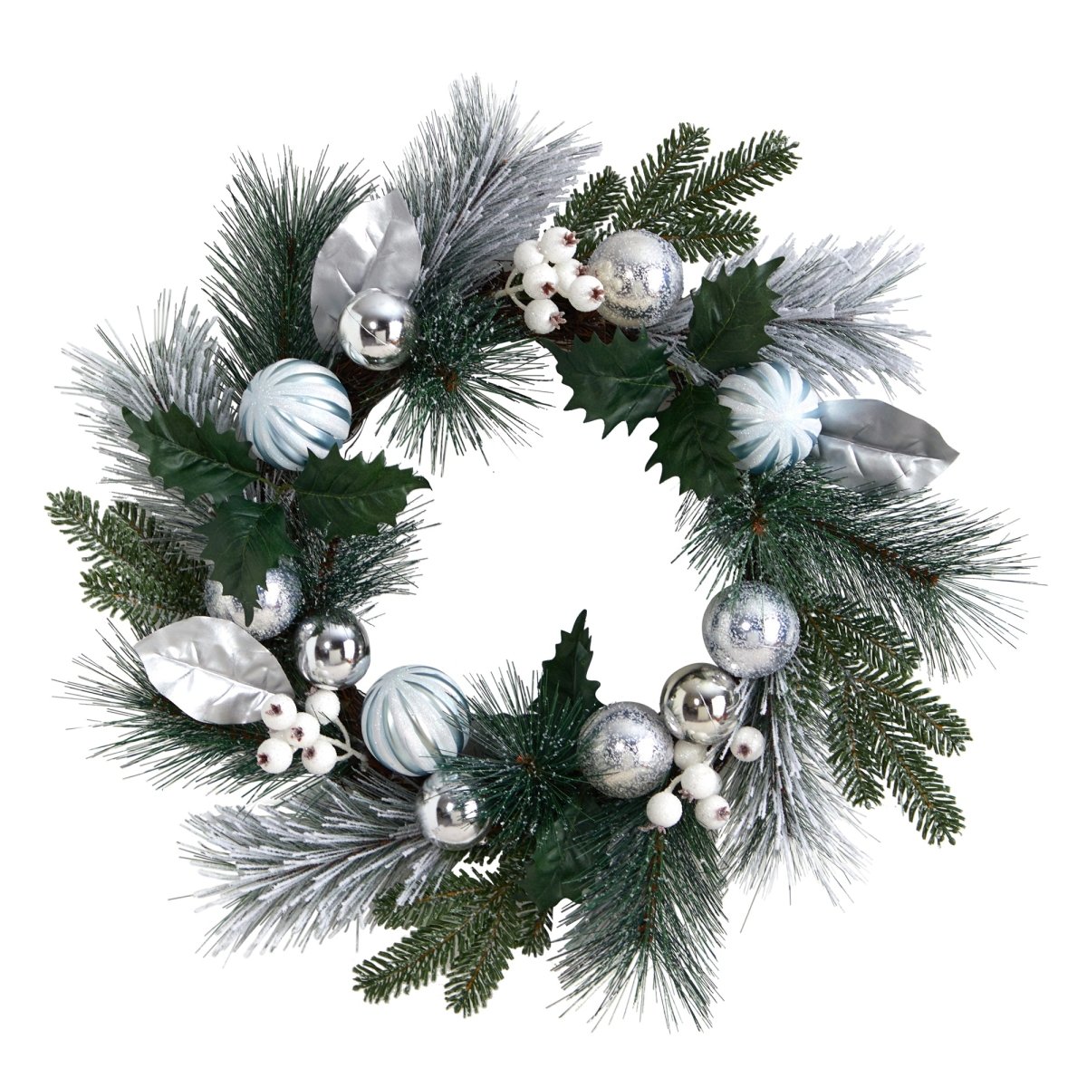 Nearly Natural 24” Pinecones And Berries Christmas Artificial Wreath With Silver Ornaments - lily & onyx