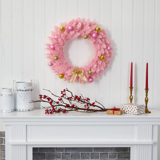 Nearly Natural 24” Pink Artificial Christmas Wreath With 35 Led Lights And Ornaments - lily & onyx