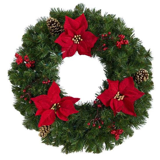 Nearly Natural 24” Poinsettia, Berry And Pinecone Artificial Wreath With 50 Warm White Led Lights - lily & onyx