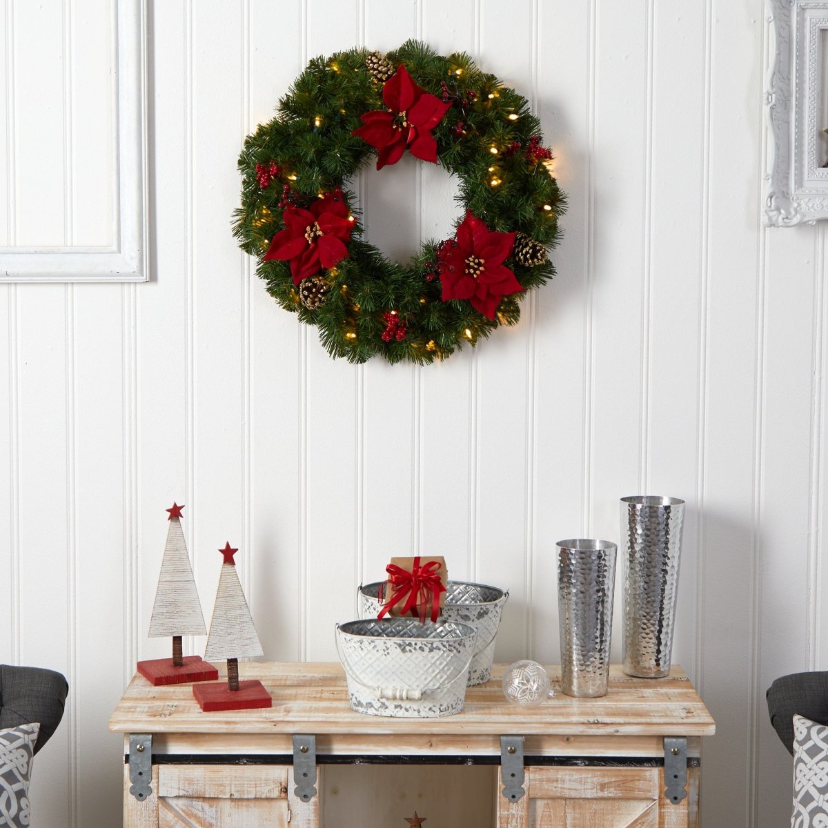Nearly Natural 24” Poinsettia, Berry And Pinecone Artificial Wreath With 50 Warm White Led Lights - lily & onyx