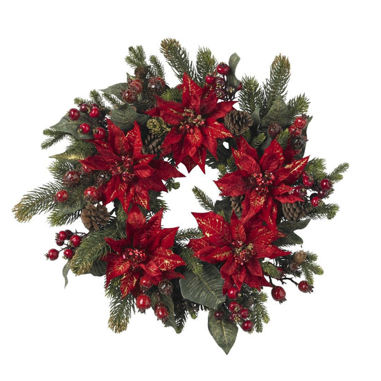 Nearly Natural 24" Poinsettia & Berry Wreath - lily & onyx