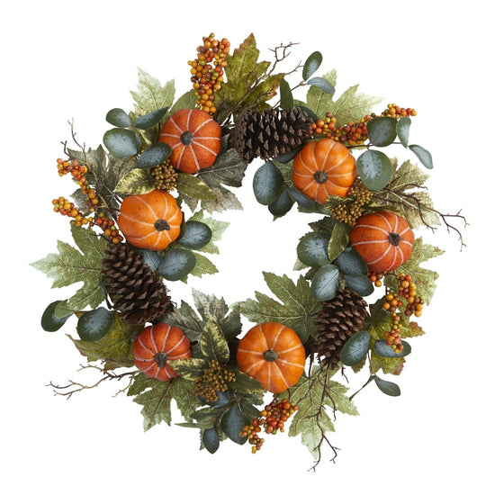 Load image into Gallery viewer, Nearly Natural 24” Pumpkins, Pine Cones And Berries Fall Artificial Wreath - lily &amp;amp; onyx
