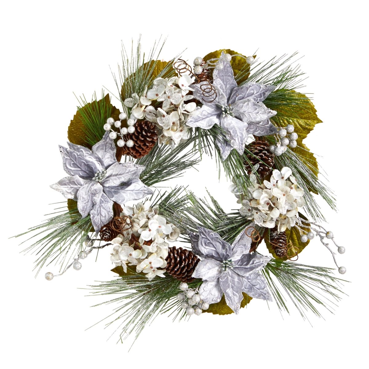 Nearly Natural 24” Silver Poinsettia, Hydrangea And Pinecones Artificial Christmas Wreath - lily & onyx