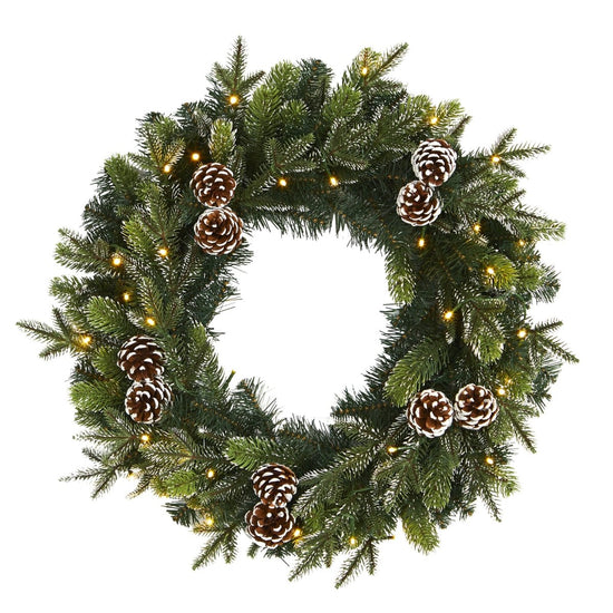 Nearly Natural 24” Snowed Pinecone Artificial Christmas Wreath With 35 Clear Led Lights - lily & onyx