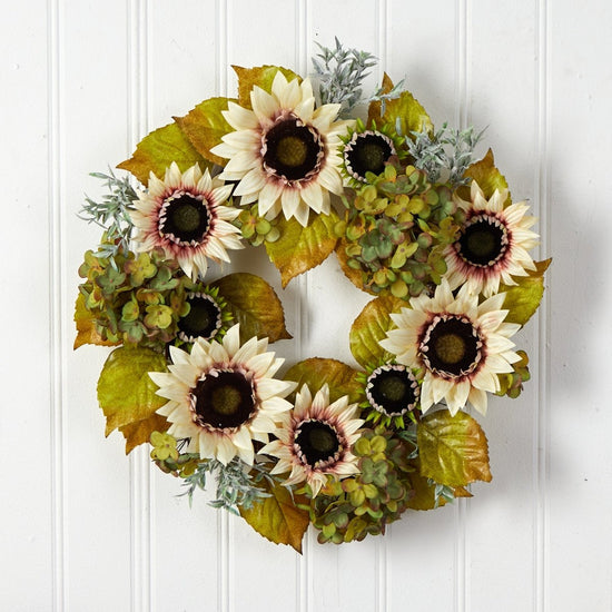 Load image into Gallery viewer, Nearly Natural 24” White Sunflower And Hydrangea Artificial Autumn Wreath - lily &amp;amp; onyx
