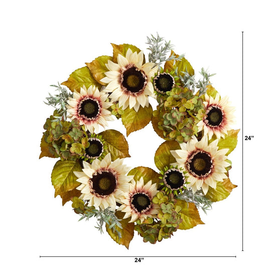Load image into Gallery viewer, Nearly Natural 24” White Sunflower And Hydrangea Artificial Autumn Wreath - lily &amp;amp; onyx
