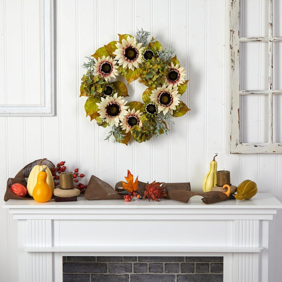 Nearly Natural 24” White Sunflower And Hydrangea Artificial Autumn Wreath - lily & onyx