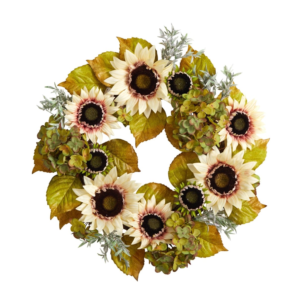 Nearly Natural 24” White Sunflower And Hydrangea Artificial Autumn Wreath - lily & onyx