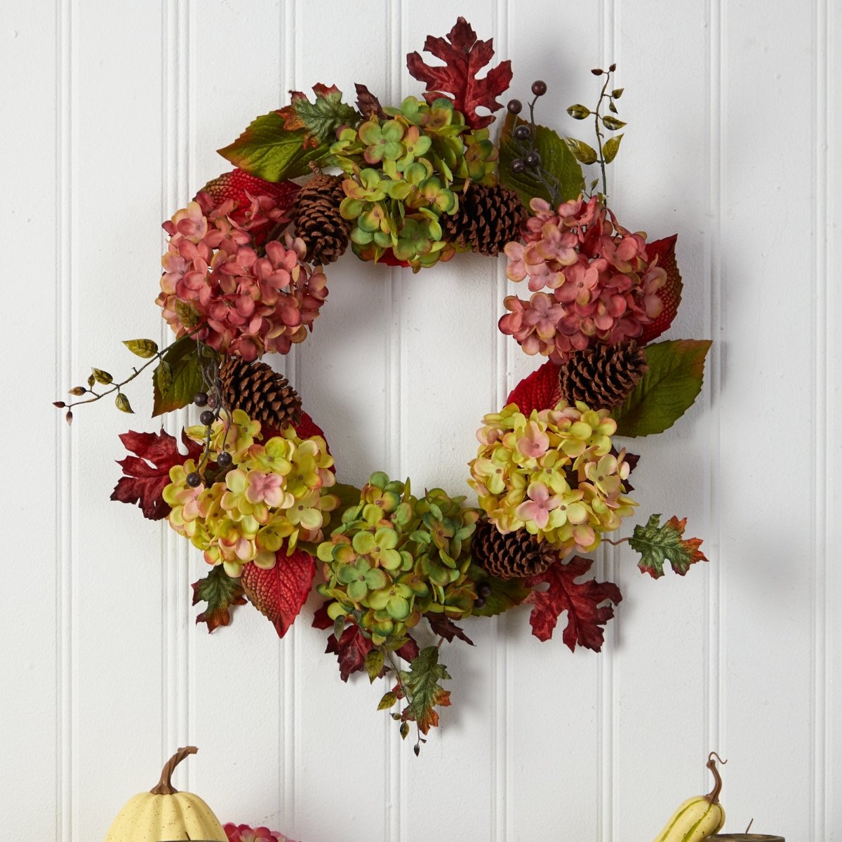 Nearly Natural 25” Autumn Hydrangea And Pinecones Fall Artificial Wreath - lily & onyx
