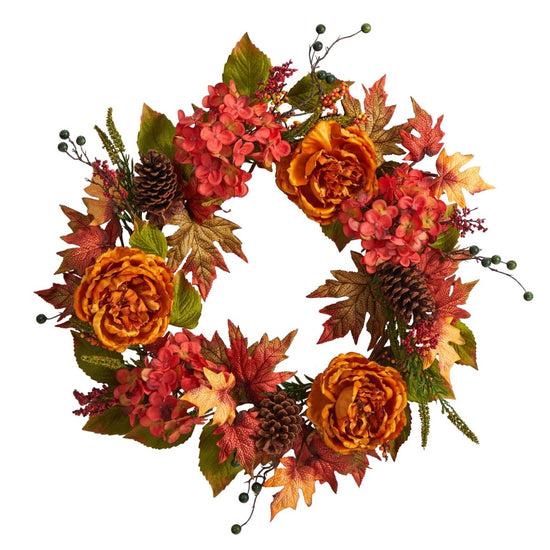 Load image into Gallery viewer, Nearly Natural 25” Fall Ranunculus, Hydrangea And Berries Autumn Artificial Wreath - lily &amp;amp; onyx
