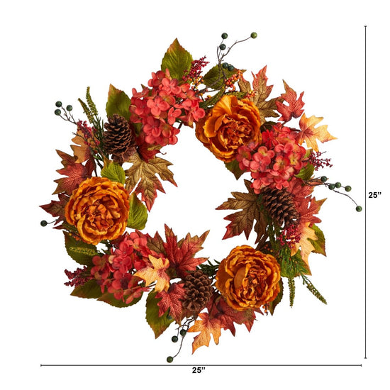 Nearly Natural 25” Fall Ranunculus, Hydrangea And Berries Autumn Artificial Wreath - lily & onyx