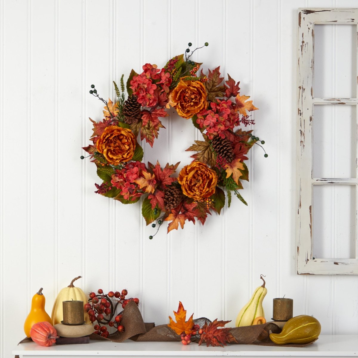 Load image into Gallery viewer, Nearly Natural 25” Fall Ranunculus, Hydrangea And Berries Autumn Artificial Wreath - lily &amp;amp; onyx
