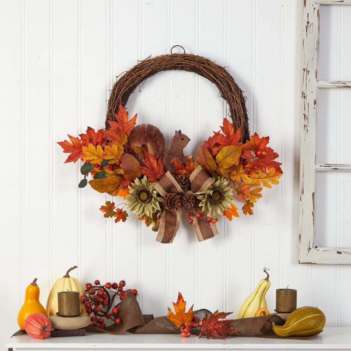 Load image into Gallery viewer, Nearly Natural 26” Fall Harvest Artificial Autumn Wreath With Twig Base And Bunny - lily &amp;amp; onyx
