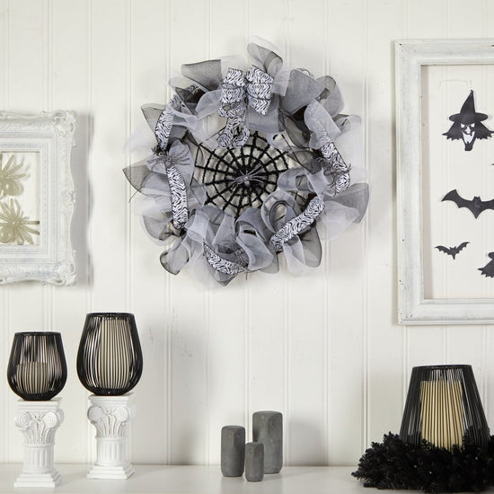 Nearly Natural 26” Halloween Spider Web Mesh Wreath - lily & onyx