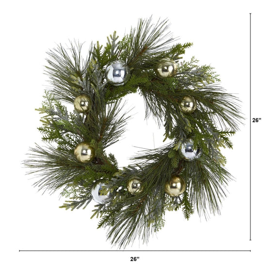 Nearly Natural 26” Sparkling Pine Artificial Wreath With Decorative Ornaments - lily & onyx