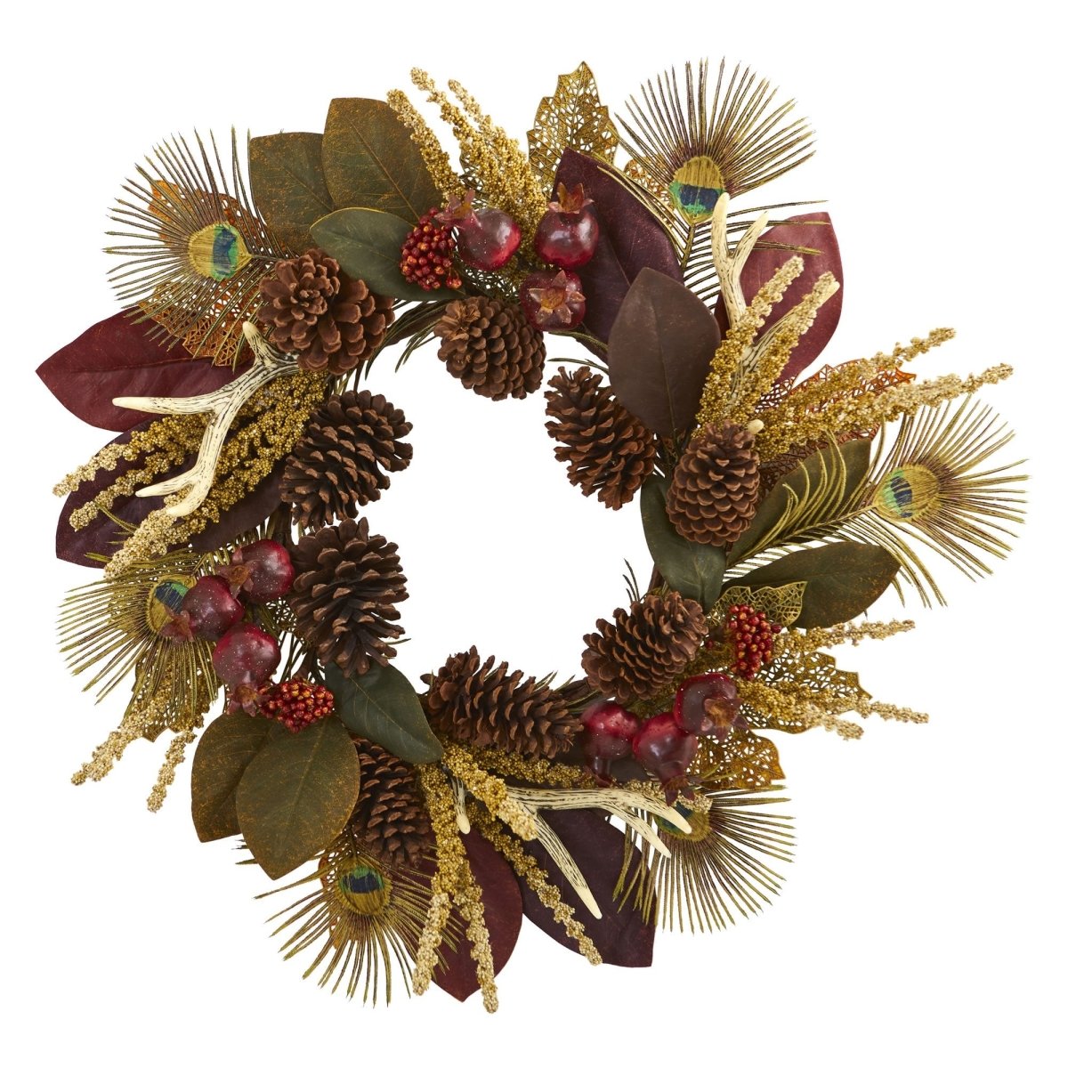 Nearly Natural 27” Magnolia Leaf, Berry, Antler And Peacock Feather Artificial Wreath - lily & onyx