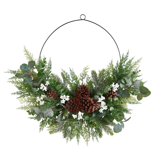 Nearly Natural 28” Christmas Pine, Eucalyptus, And Berries Metal Circlet Artificial Wreath - lily & onyx