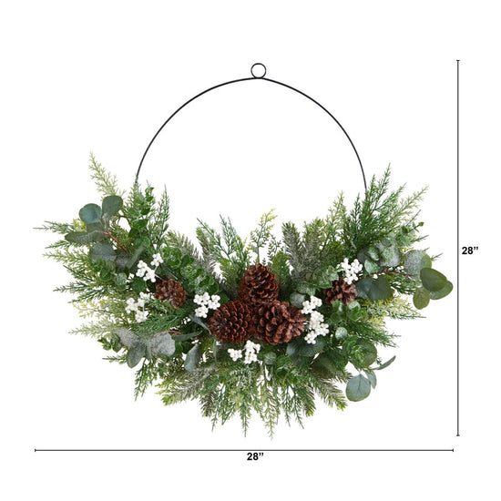 Nearly Natural 28” Christmas Pine, Eucalyptus, And Berries Metal Circlet Artificial Wreath - lily & onyx