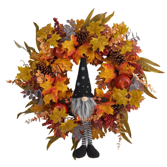 Nearly Natural 28" Harvest Fall Gnome Artificial Autumn Wreath - lily & onyx