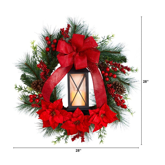 Nearly Natural 28” Poinsettia And Berry Holiday Lantern Christmas Wreath With Led Candle - lily & onyx