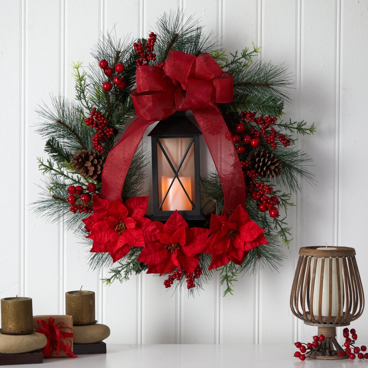 Nearly Natural 28” Poinsettia And Berry Holiday Lantern Christmas Wreath With Led Candle - lily & onyx