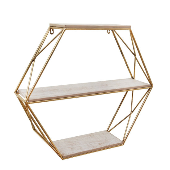 Load image into Gallery viewer, Sagebrook Home 3-Tier Metal &amp;amp; Wood Gold Hexagon Wall Shelf, 24&amp;quot;L - lily &amp;amp; onyx
