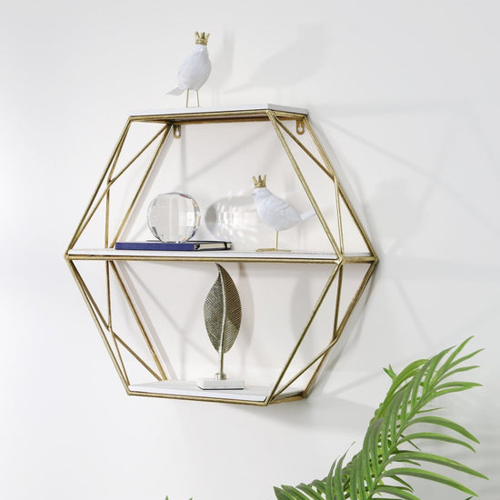 Load image into Gallery viewer, Sagebrook Home 3-Tier Metal &amp;amp; Wood Gold Hexagon Wall Shelf, 24&amp;quot;L - lily &amp;amp; onyx

