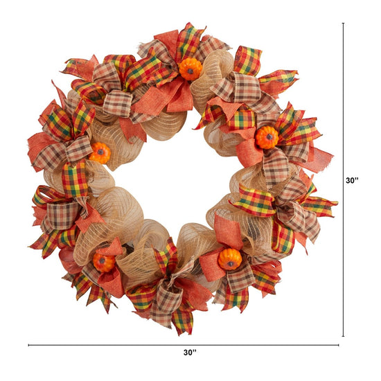 Nearly Natural 30” Autumn Pumpkin With Decorative Bows Artificial Fall Wreath - lily & onyx
