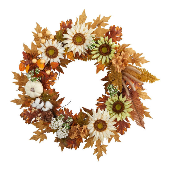 Nearly Natural 30” Autumn Sunflower, White Pumpkin And Berries Artificial Fall Wreath - lily & onyx