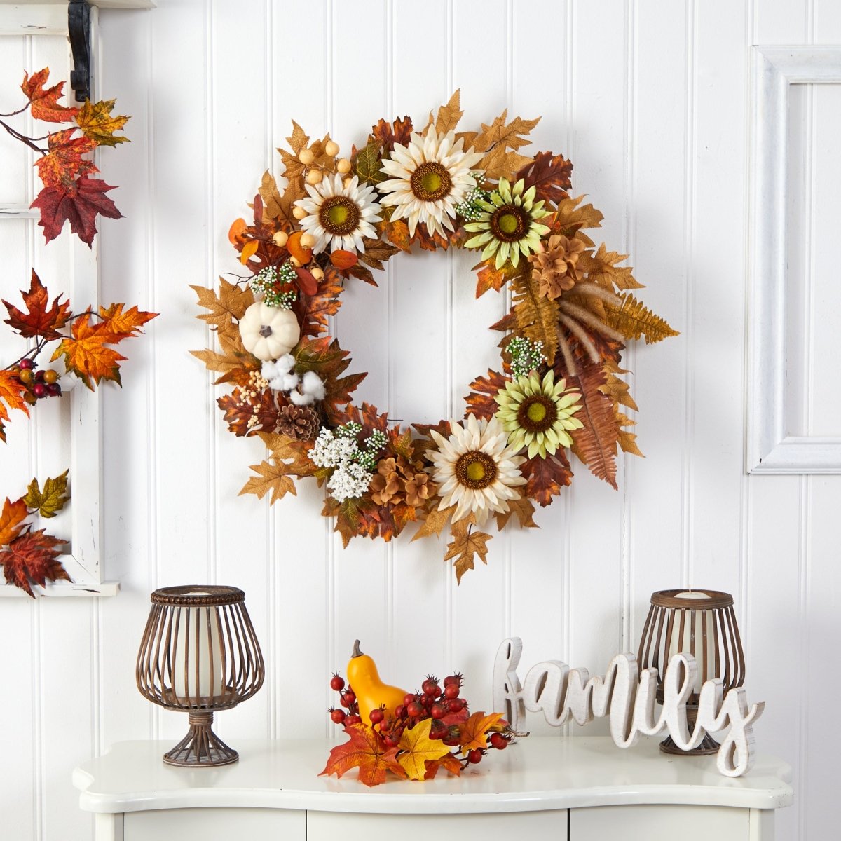 Nearly Natural 30” Autumn Sunflower, White Pumpkin And Berries Artificial Fall Wreath - lily & onyx