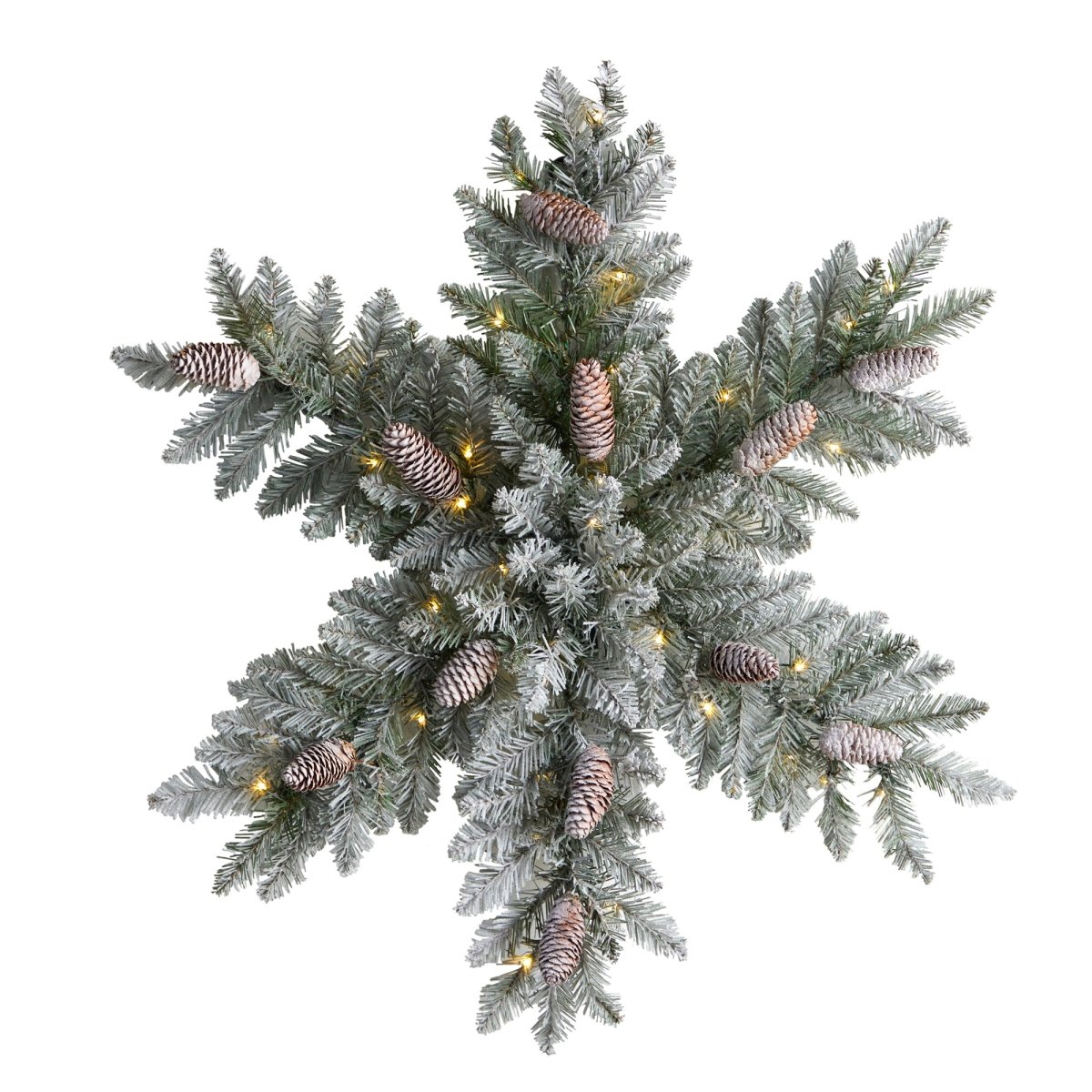 Nearly Natural 30” Pre Lit Flocked Snowflake Artificial Dunhill Fir Wreath With Pinecones And 40 Led Lights - lily & onyx