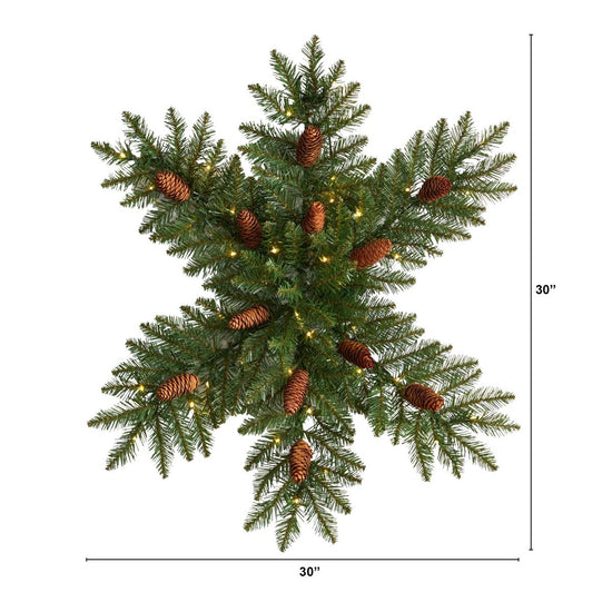 Nearly Natural 30” Pre Lit Snowflake Artificial Dunhill Fir Wreath With Pinecones And 40 Led Lights - lily & onyx