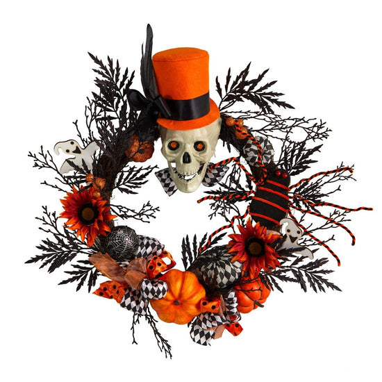 Load image into Gallery viewer, Nearly Natural 30” Spider And Skull With Top Hat Halloween Wreath - lily &amp;amp; onyx
