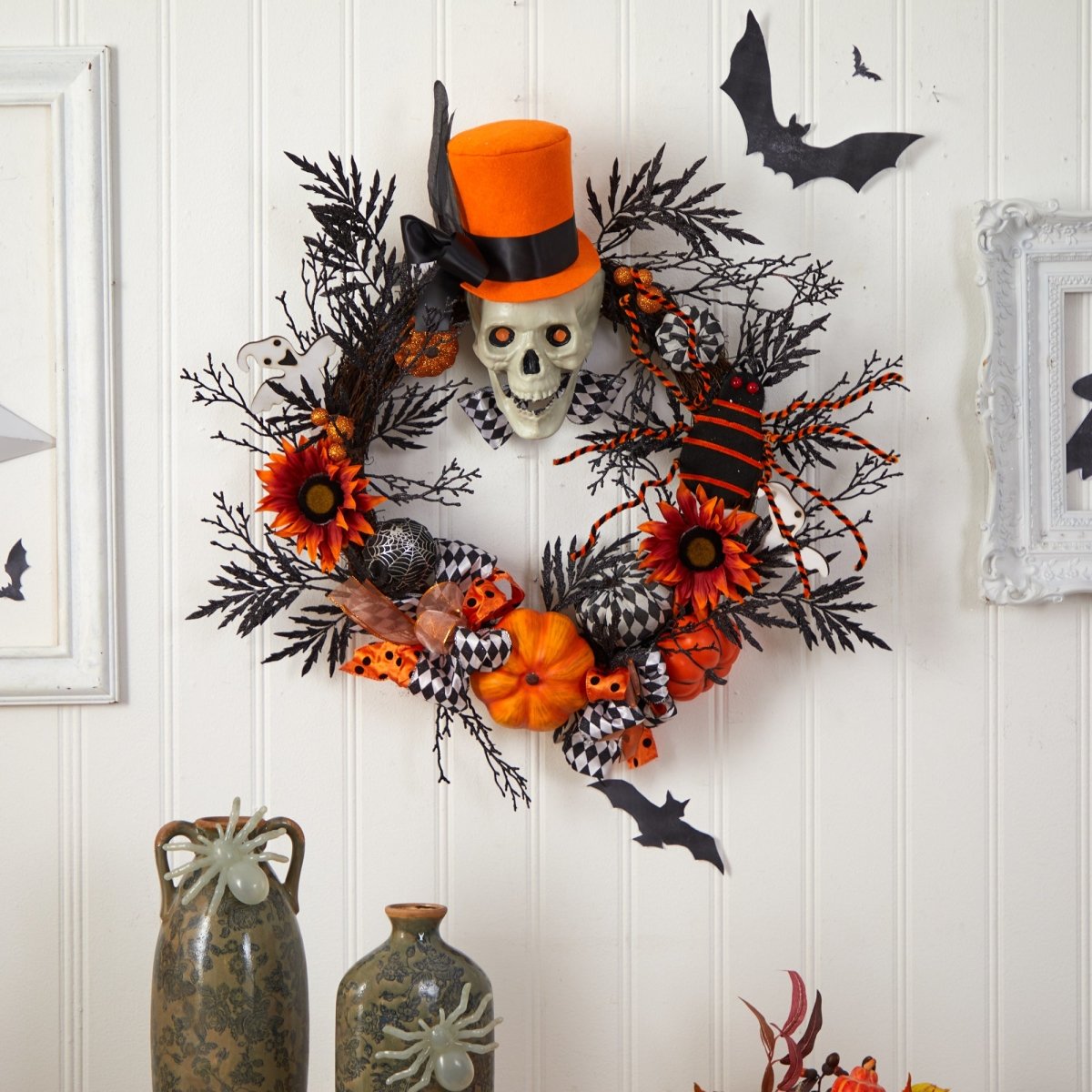 Nearly Natural 30” Spider And Skull With Top Hat Halloween Wreath - lily & onyx