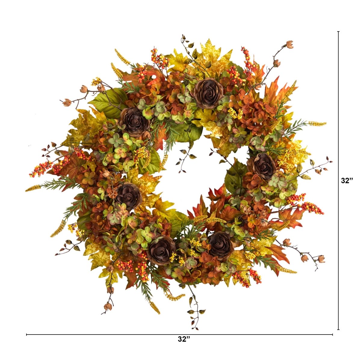 Nearly Natural 32” Fall Hydrangea, Ranunculus And Maple Leaf Autumn Artificial Wreath - lily & onyx